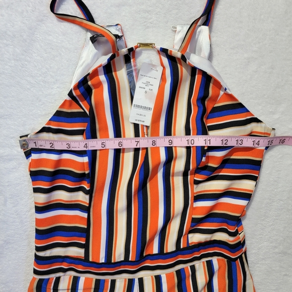 NWT Bebe Striped Halter Romper V Neck Gold Metal Trim Back Zip Size Small - Picture 12 of 15